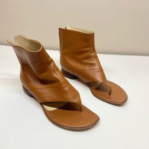 Salvatore Ferragamo camel color leather zip up thong bootie